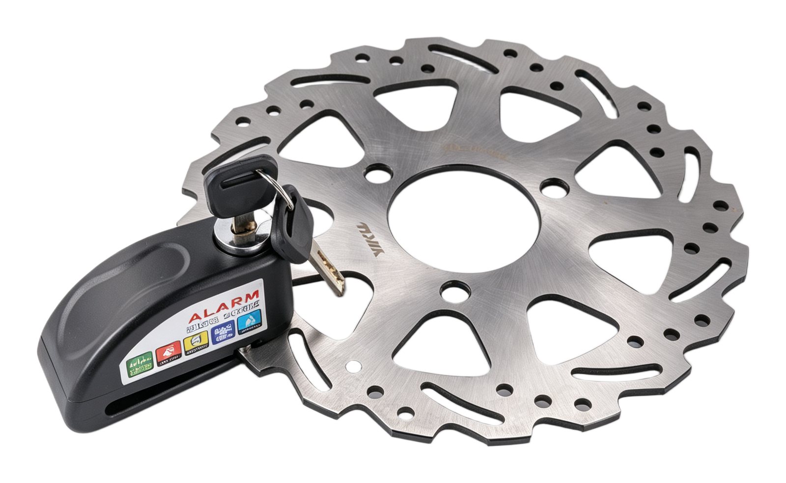 107 alarm disc brake lock fitted through a brake disc