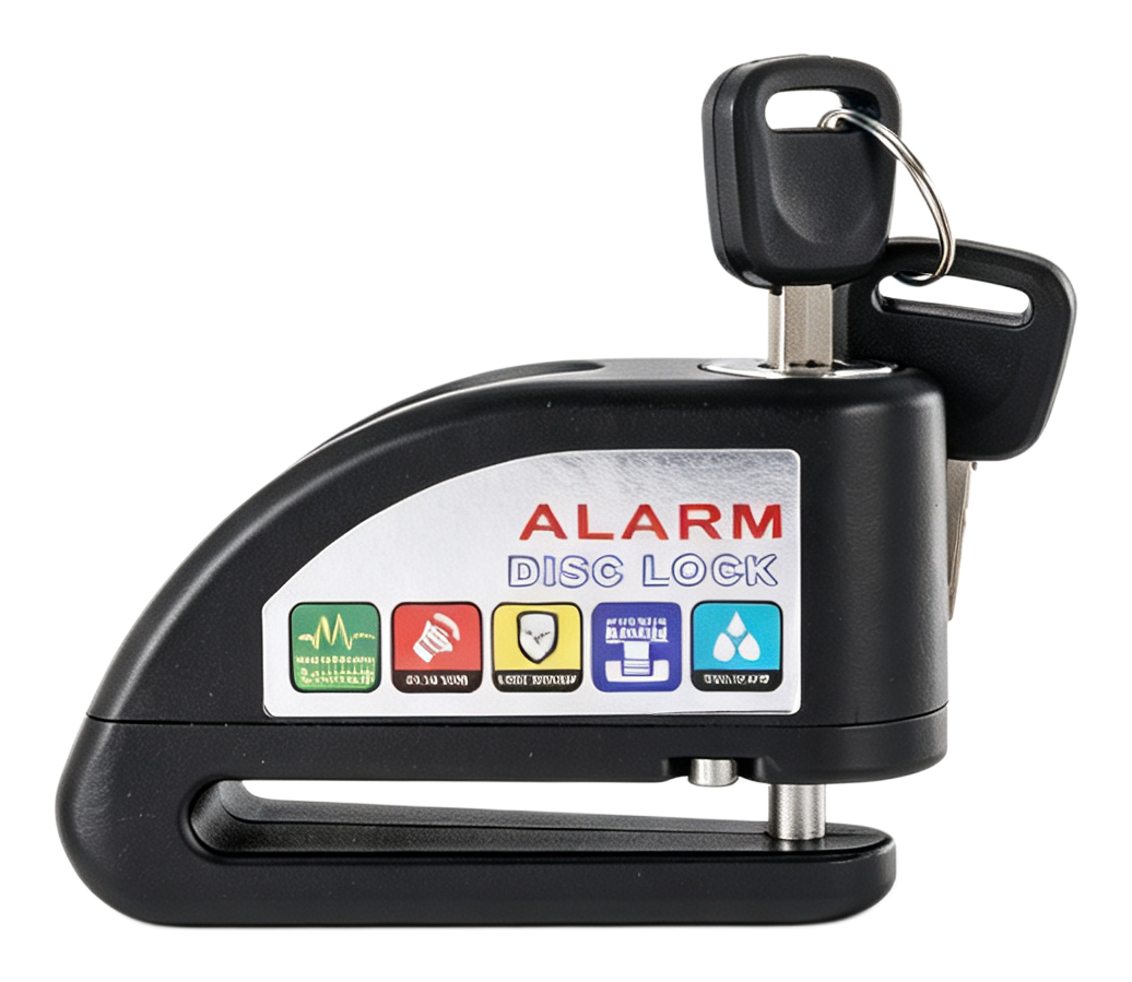 107 alarm disc brake lock, front view with alarm function labels