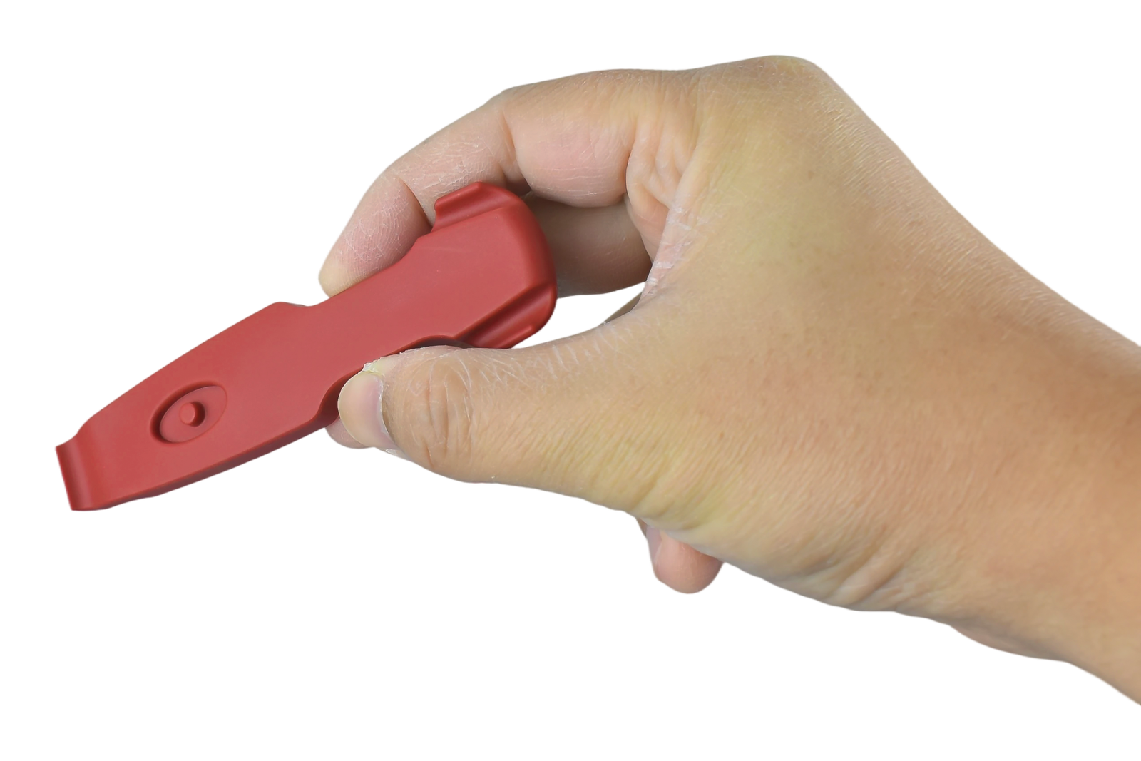 Red tyre lever grip demonstration, hand holding the lever