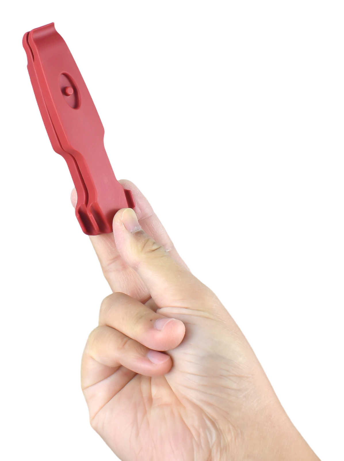 Red tyre lever shown at a handheld angle