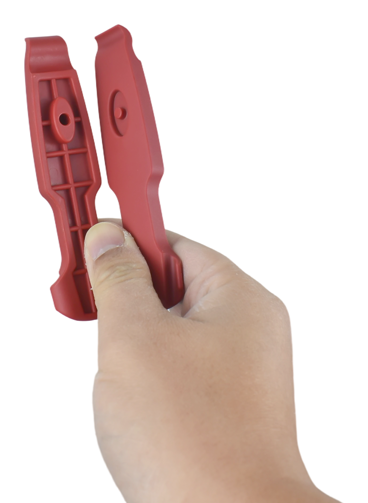 Red tyre lever handheld view, front