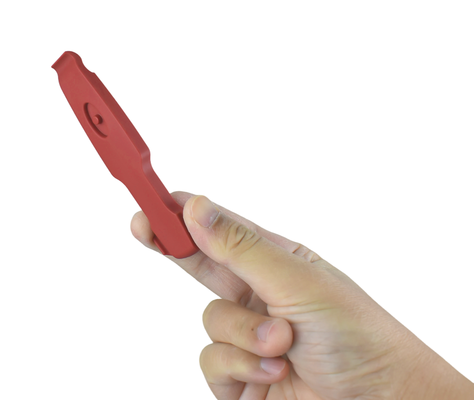 Red tyre lever handheld view, three-quarter