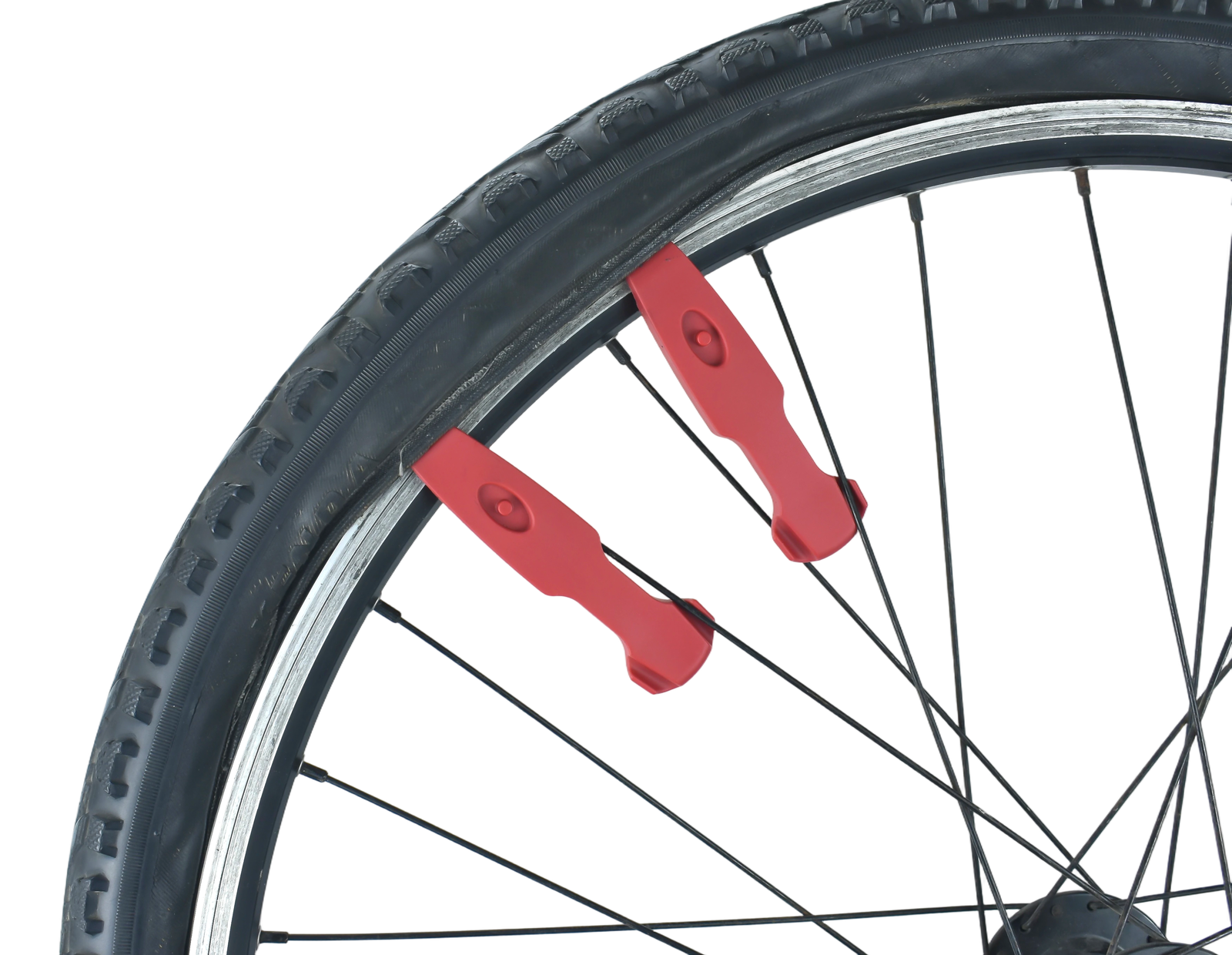 Red tyre lever at the wheel, side view