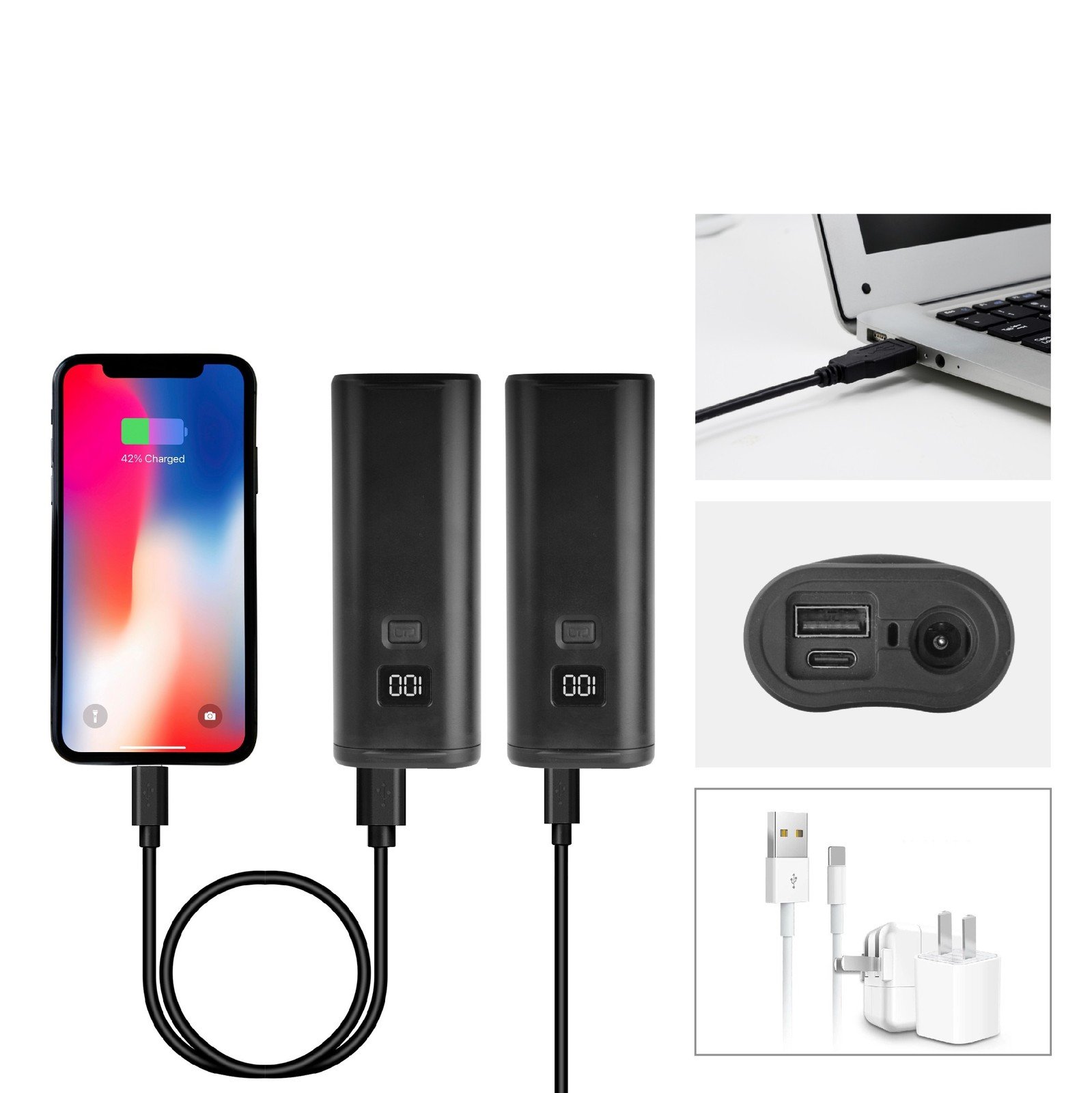 LW-F1600B external battery pack charging a smartphone with USB-A and USB-C ports