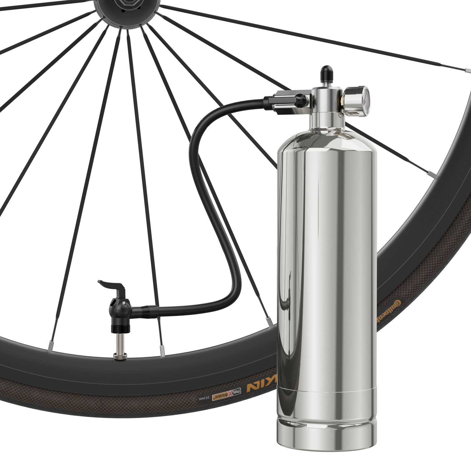 TB304-V5-G connected to a Presta valve for tubeless inflation