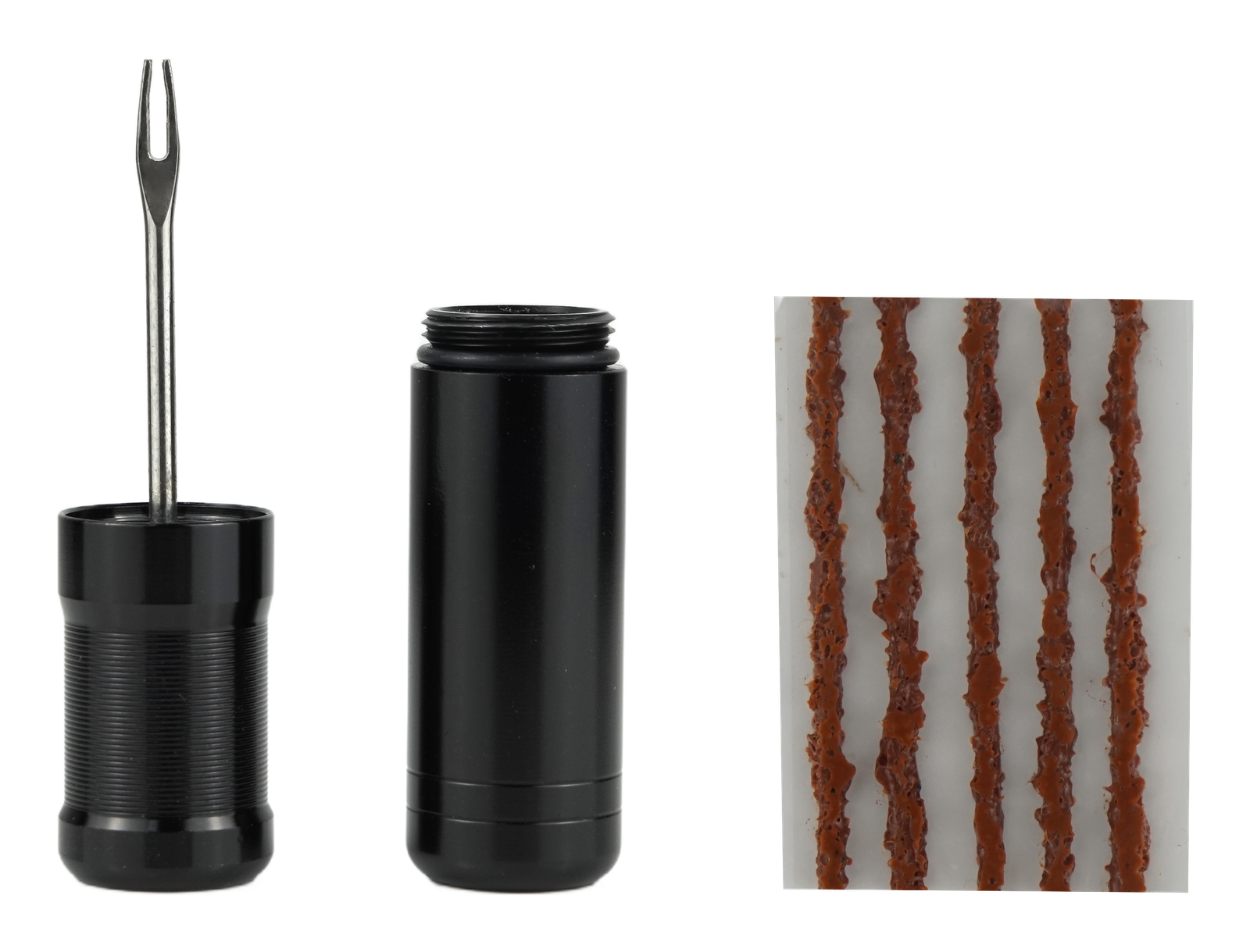 VVT-1A tubeless tyre repair kit components with self-adhesive plugs and insertion tool