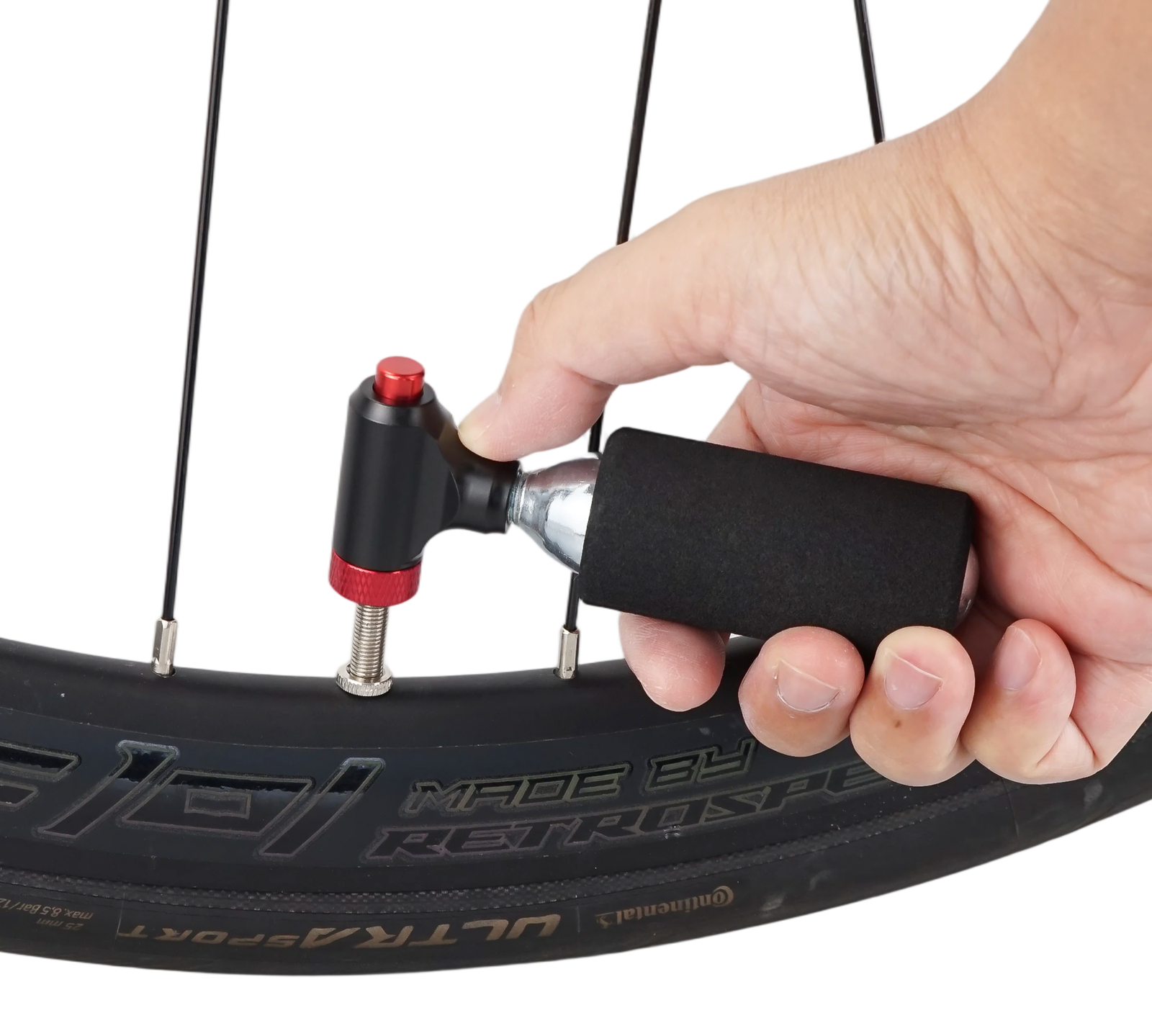VVT-2 CO2 inflator head connected to a Presta valve